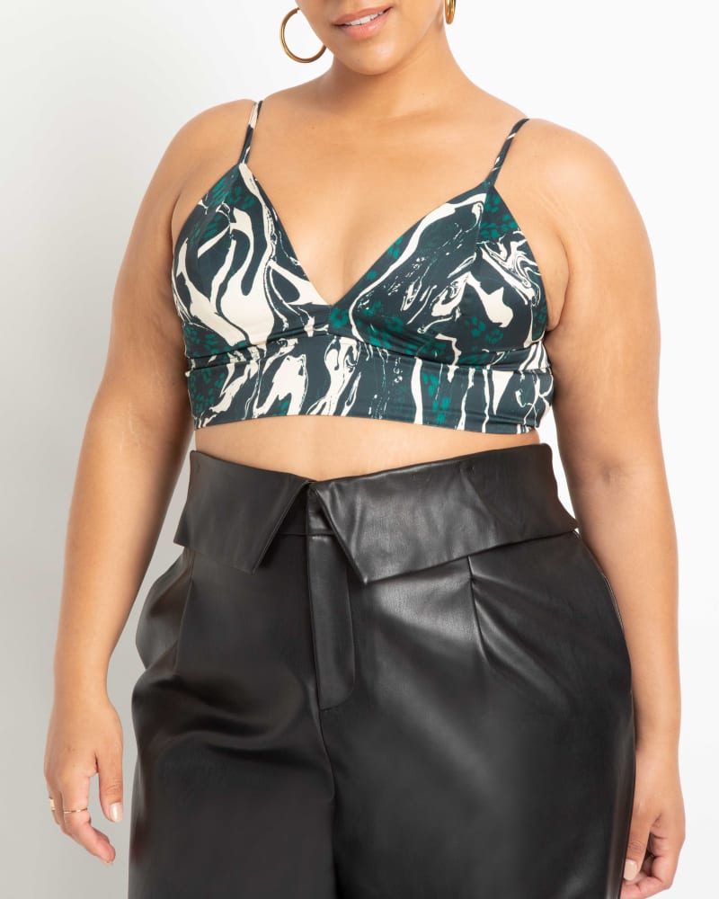 Front of a model wearing a size 14 Kathleen Satin Bralette in Stone Wild by ELOQUII. | dia_product_style_image_id:236660